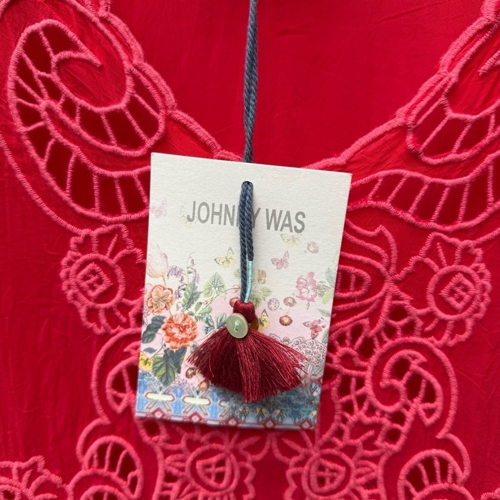 NWT Johnny Was Arlene Appliqué Tunic Sheer Red Women's 3/4 Sleeve Shirt Top XS - Picture 6 of 9